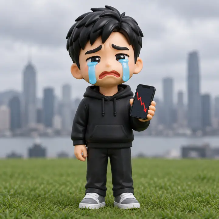 Minh figurine crying, holding a phone with a red chart