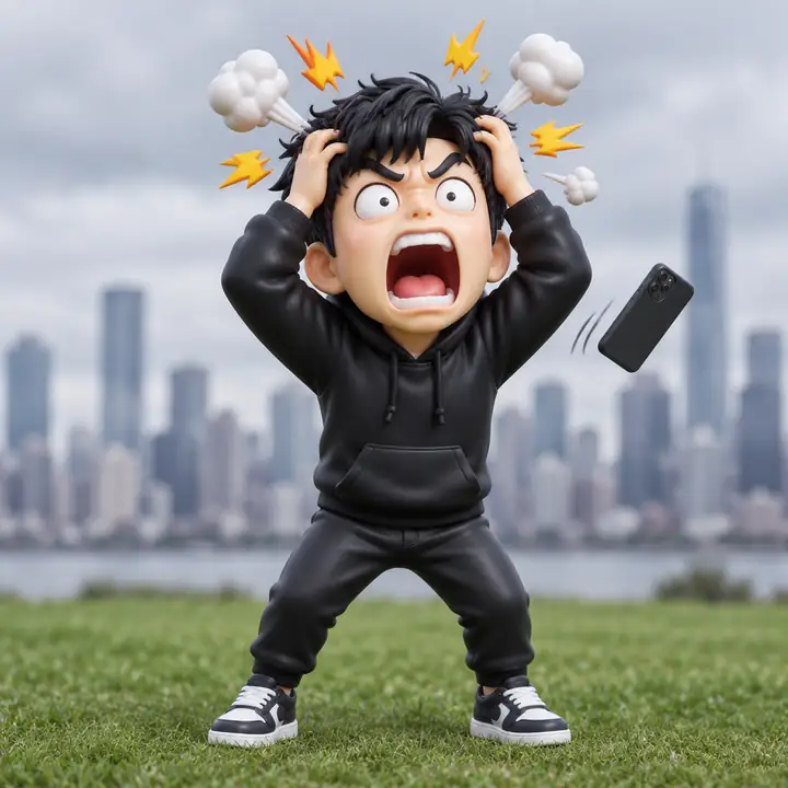 Minh figurine screaming with his hands in his hair