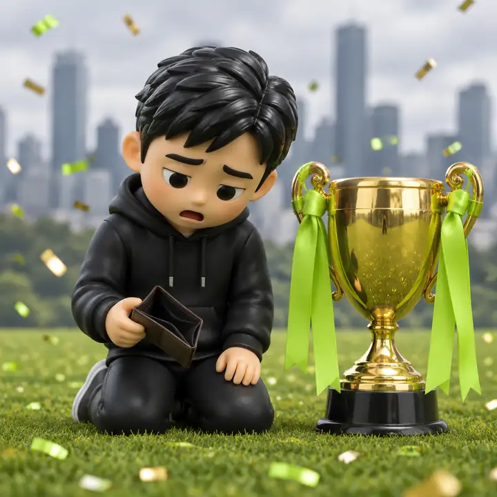 Minh figurine kneeling with an empty wallet next to a golden trophy