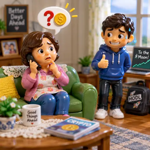 Minh's mom on the phone, confused, while Minh gives a thumbs up next to a 'To the Moon' chart