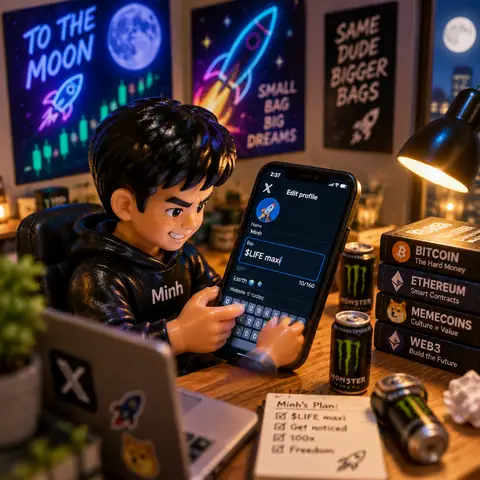 Minh at his desk at night updating his Twitter bio on his phone