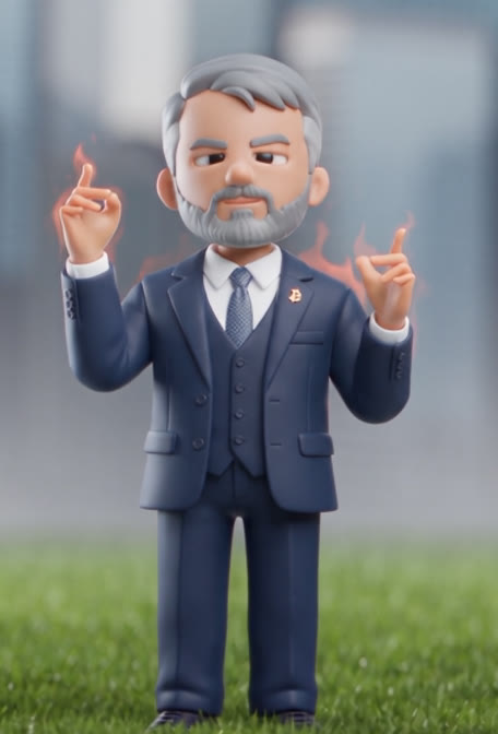 Figurine in a navy suit with a Bitcoin lapel pin