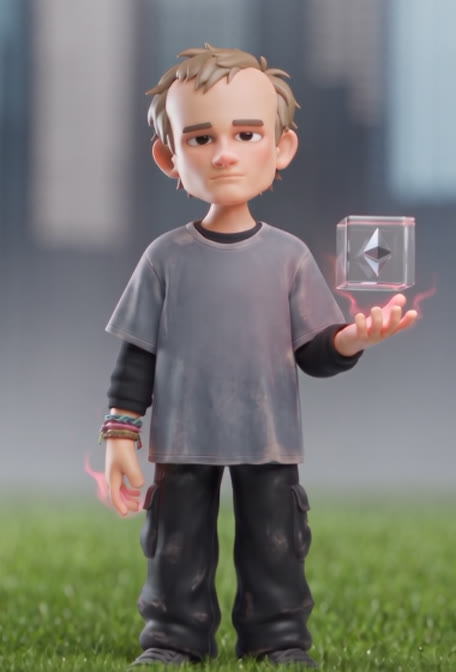 Figurine in a grey tee holding a glowing Ethereum cube
