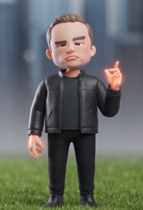 Figurine in a black jacket pointing up