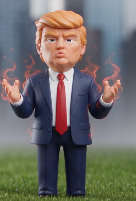 Figurine in a blue suit and red tie with flames around the hands